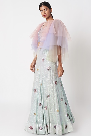 Mauve Embellished Tulle Sleeved Crop Top With Lehenga by SImply Simone
