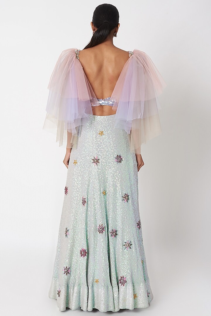 Mauve Embellished Tulle Sleeved Crop Top With Wedding Lehenga by SImply Simone at Pernia's Pop Up Shop