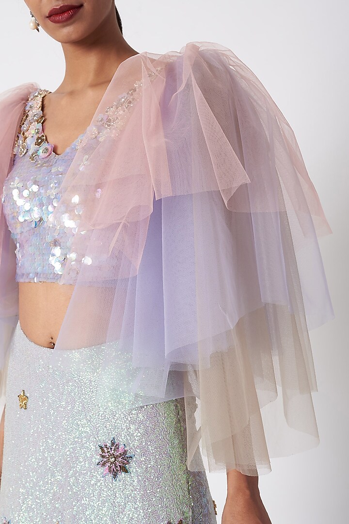 Mauve Embellished Tulle Sleeved Crop Top With Wedding Lehenga by SImply Simone at Pernia's Pop Up Shop