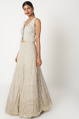 Silver Embroidered Jacket With Lehenga by SImply Simone