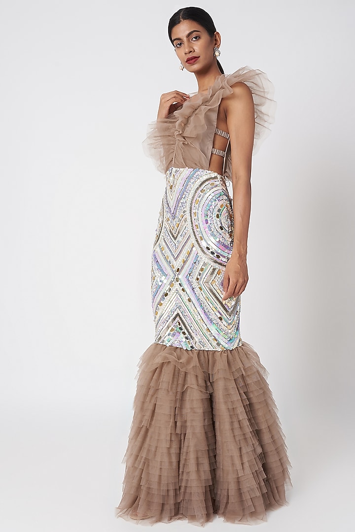 Grey Fish Cut Embroidered Gown With Detachable Ruffles by SImply Simone
