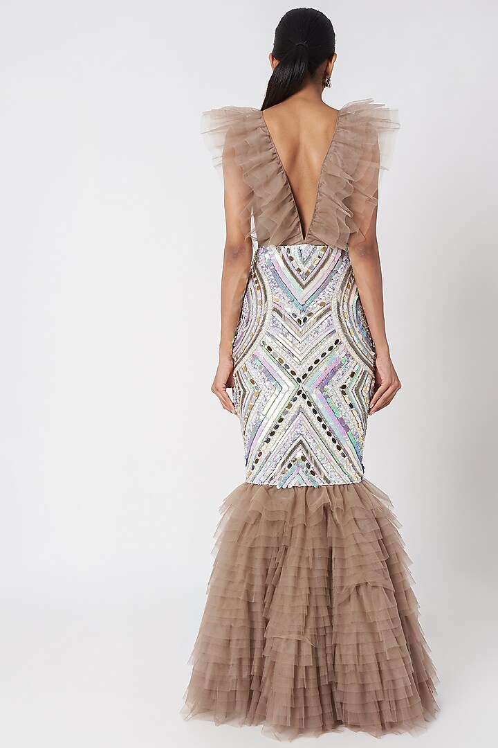 Grey Fish Cut Embroidered Gown With Detachable Ruffles by SImply Simone at Pernia's Pop Up Shop