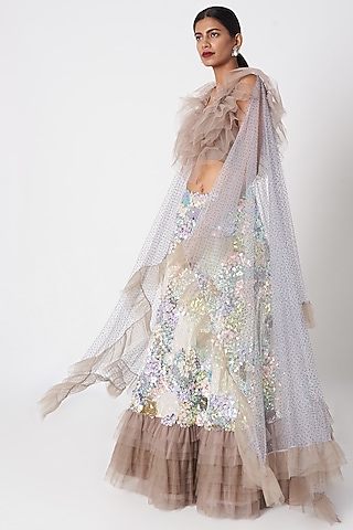 Grey Ruffled Top With Embroidered Lehenga & Detachable Drapes by SImply Simone