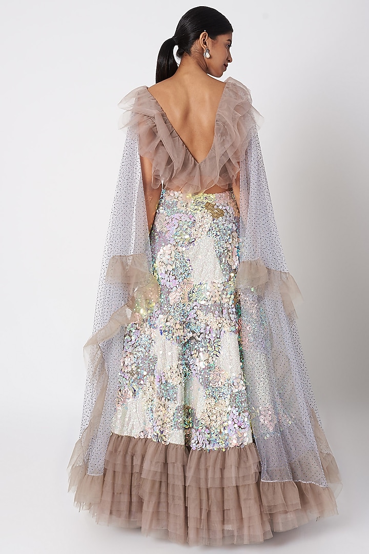 Grey Ruffled Top With Embroidered Wedding Lehenga & Detachable Drapes by SImply Simone at Pernia's Pop Up Shop