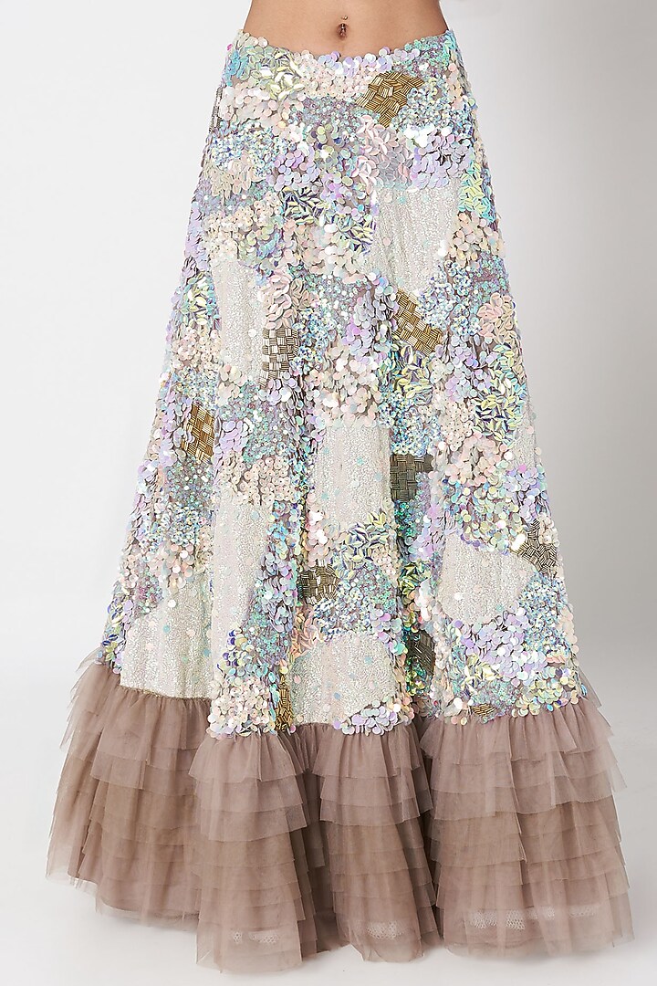 Grey Ruffled Top With Embroidered Wedding Lehenga & Detachable Drapes by SImply Simone at Pernia's Pop Up Shop