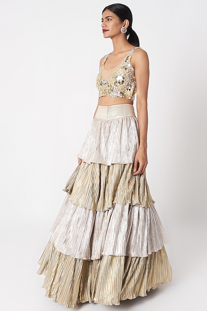 Gold Embroidered Sheer Crop Top With Lehenga by SImply Simone
