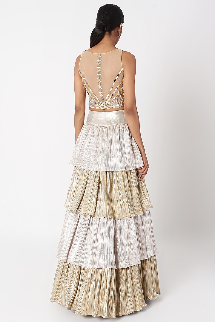 Gold Embroidered Sheer Crop Top With Wedding Lehenga by SImply Simone at Pernia's Pop Up Shop