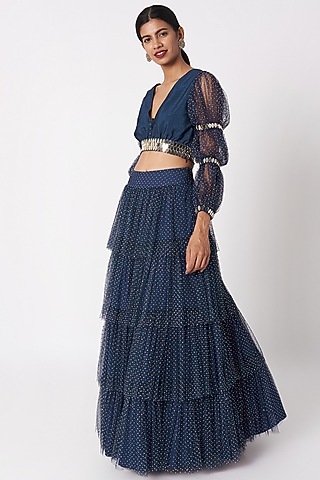 Dark Blue Embellished Top With Skirt by SImply Simone