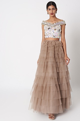 Grey Ruffled Lehenga With Embroidered Blouse by SImply Simone