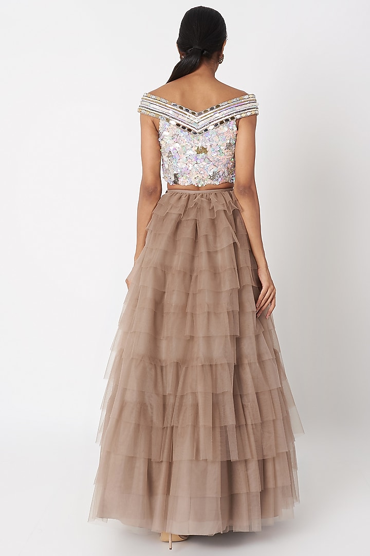 Grey Ruffled Lehenga With Embroidered Blouse by SImply Simone at Pernia's Pop Up Shop