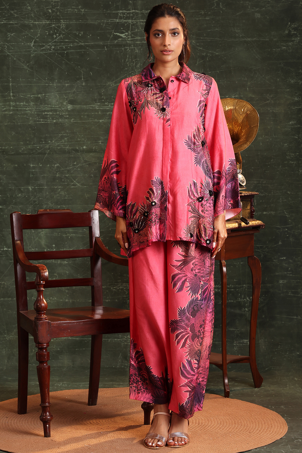 Pink Chanderi Embellished & Printed Palazzo Set by Soup by Sougat Paul at Pernia's Pop Up Shop