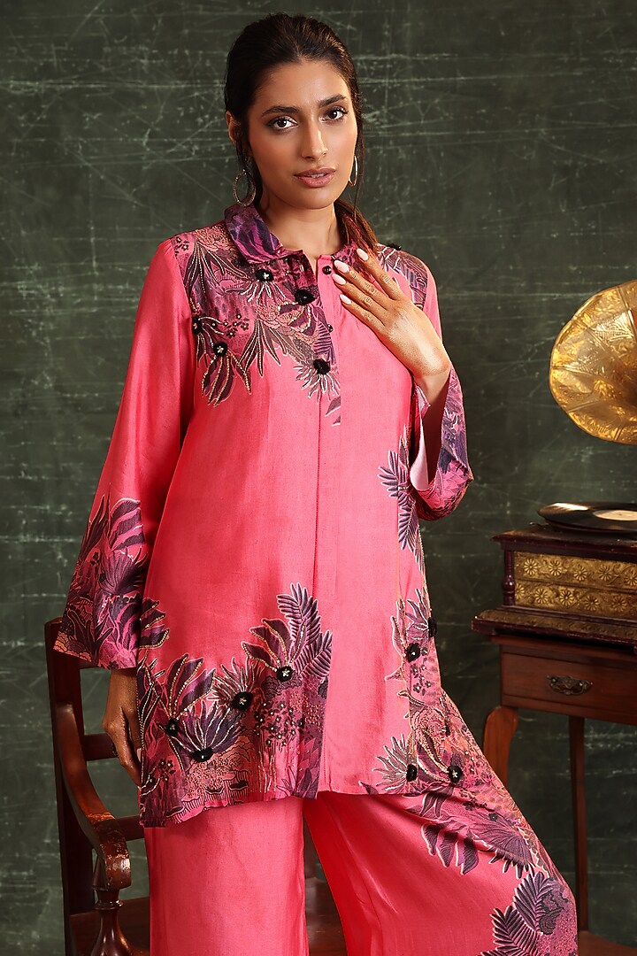 Pink Chanderi Embellished & Printed Palazzo Set by Soup by Sougat Paul at Pernia's Pop Up Shop