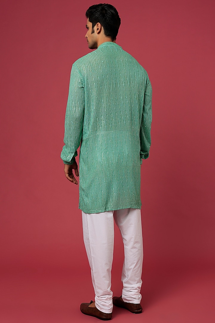 Green Cotton Polyester Sequin Embroidered Kurta Set by Spring Break Men at Pernia's Pop Up Shop