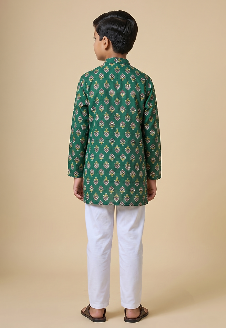 Bottle Green Blended Silk Botanical Printed Kurta Set For Boys by Spring Break- Kids at Pernia's Pop Up Shop