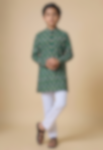 Bottle Green Blended Silk Botanical Printed Kurta Set For Boys by Spring Break- Kids at Pernia's Pop Up Shop