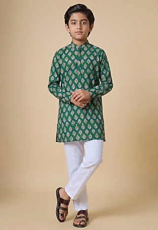 Bottle Green Blended Silk Botanical Printed Kurta Set For Boys by Spring Break- Kids