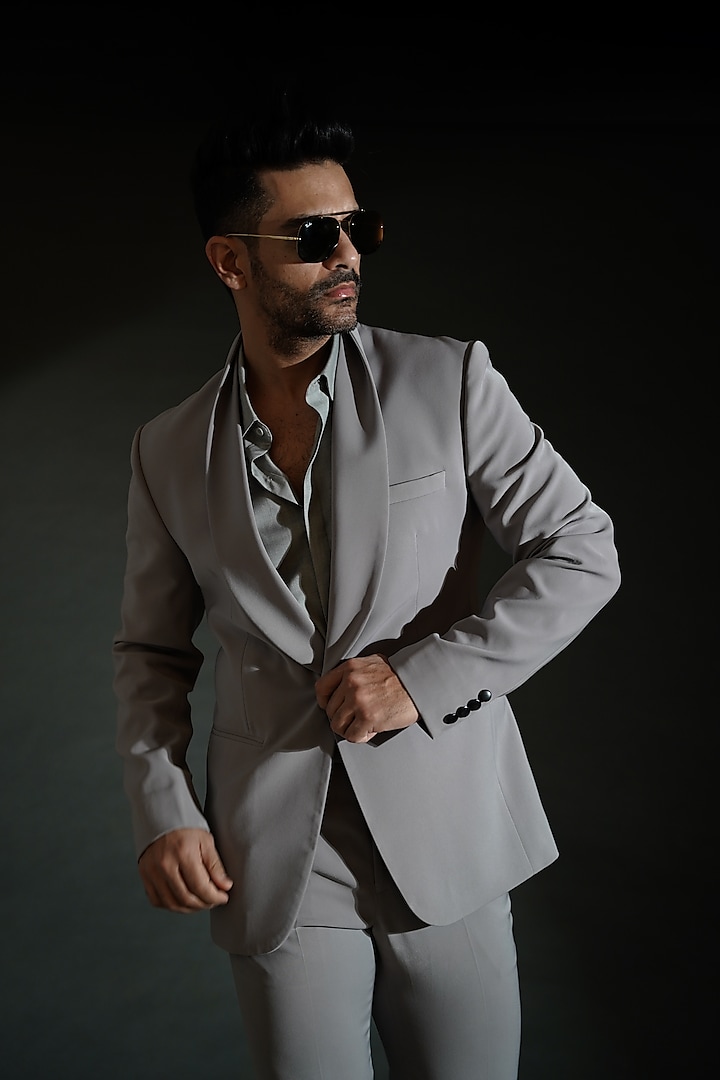 Grey Viscose Polyester Tuxedo Set by TISASTUDIO