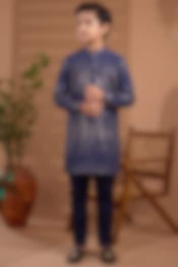 Navy Blue Blended Silk Sequins Embroidered Kurta Set For Boys by Spring Break- Kids at Pernia's Pop Up Shop