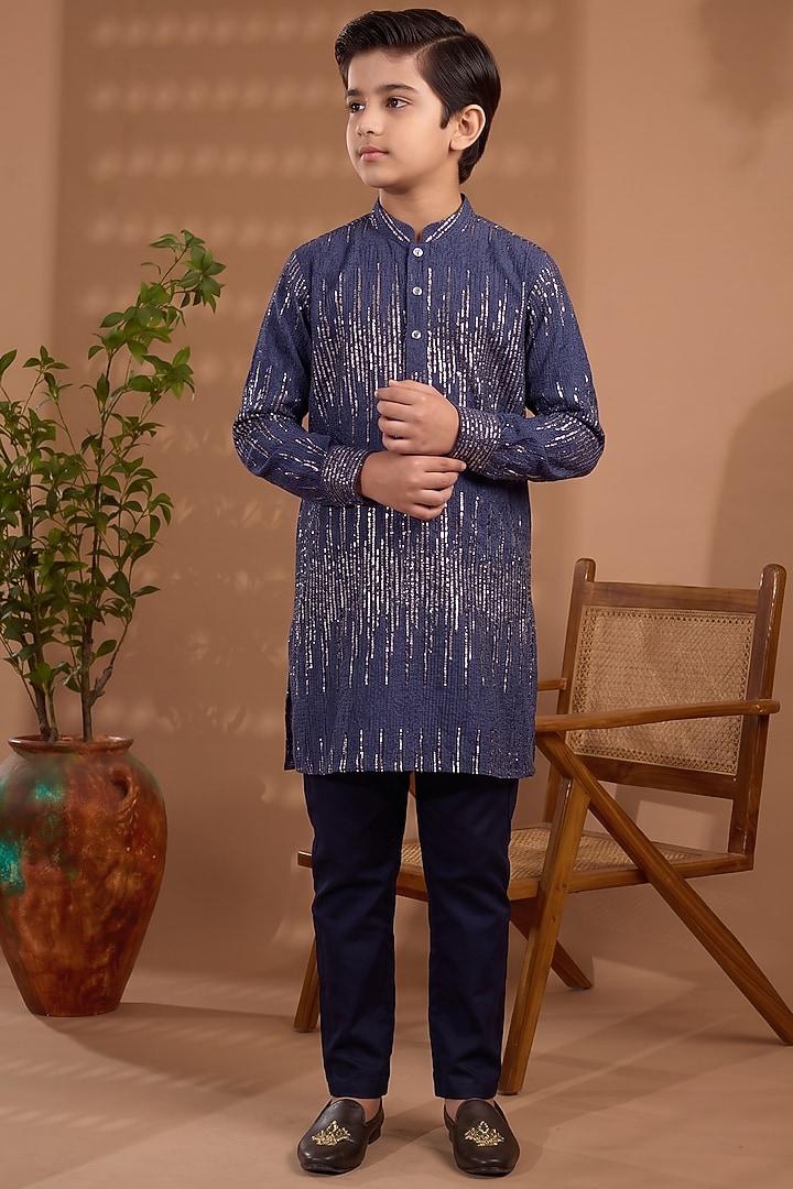 Navy Blue Blended Silk Sequins Embroidered Kurta Set For Boys by Spring Break- Kids at Pernia's Pop Up Shop