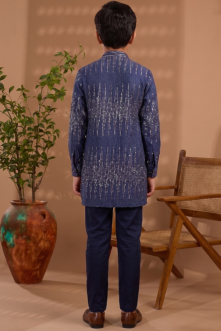 Navy Blue Blended Silk Sequins Embroidered Kurta Set For Boys by Spring Break- Kids at Pernia's Pop Up Shop