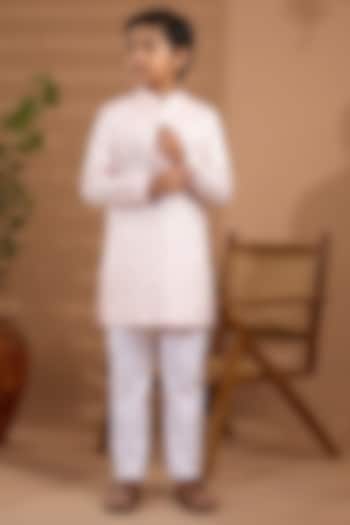 Light Pink Blended Silk Embroidered Kurta Set For Boys by Spring Break- Kids at Pernia's Pop Up Shop