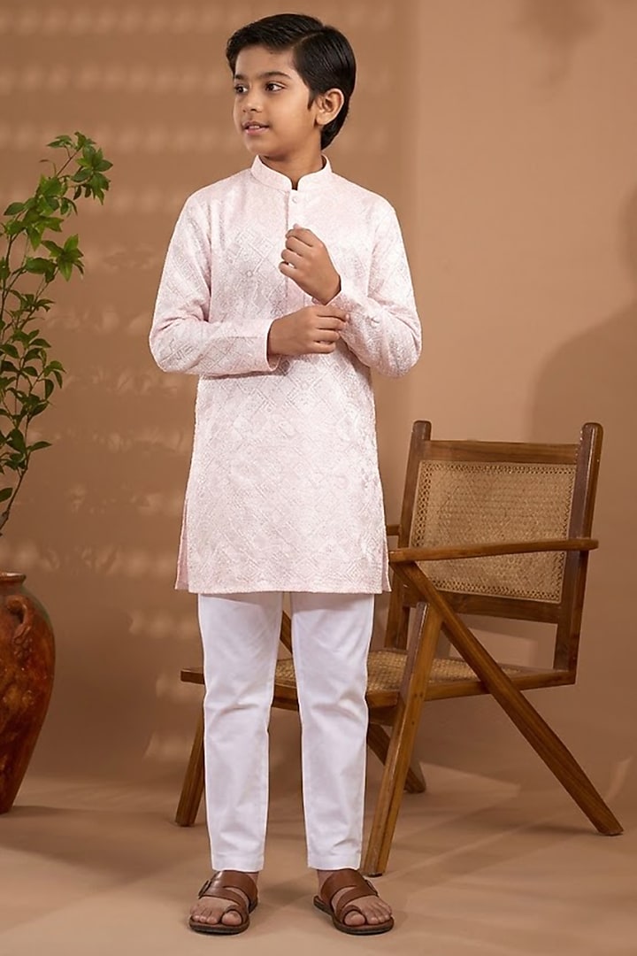 Light Pink Blended Silk Embroidered Kurta Set For Boys by Spring Break- Kids at Pernia's Pop Up Shop