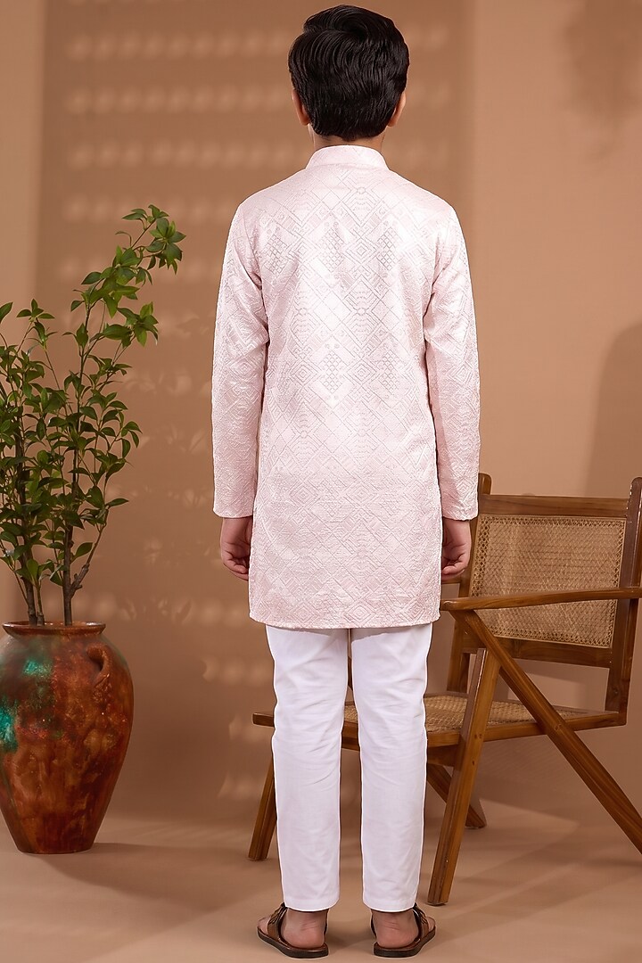 Light Pink Blended Silk Embroidered Kurta Set For Boys by Spring Break- Kids at Pernia's Pop Up Shop