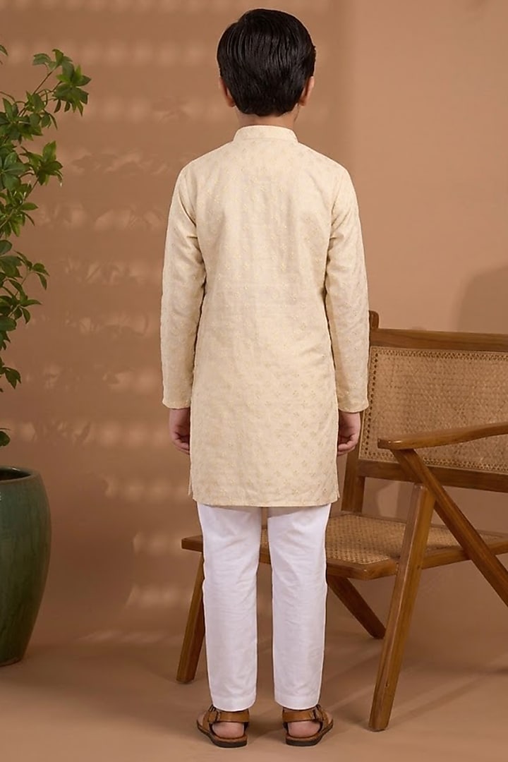 Ivory Blended Silk Embroidered Kurta Set For Boys by Spring Break- Kids at Pernia's Pop Up Shop