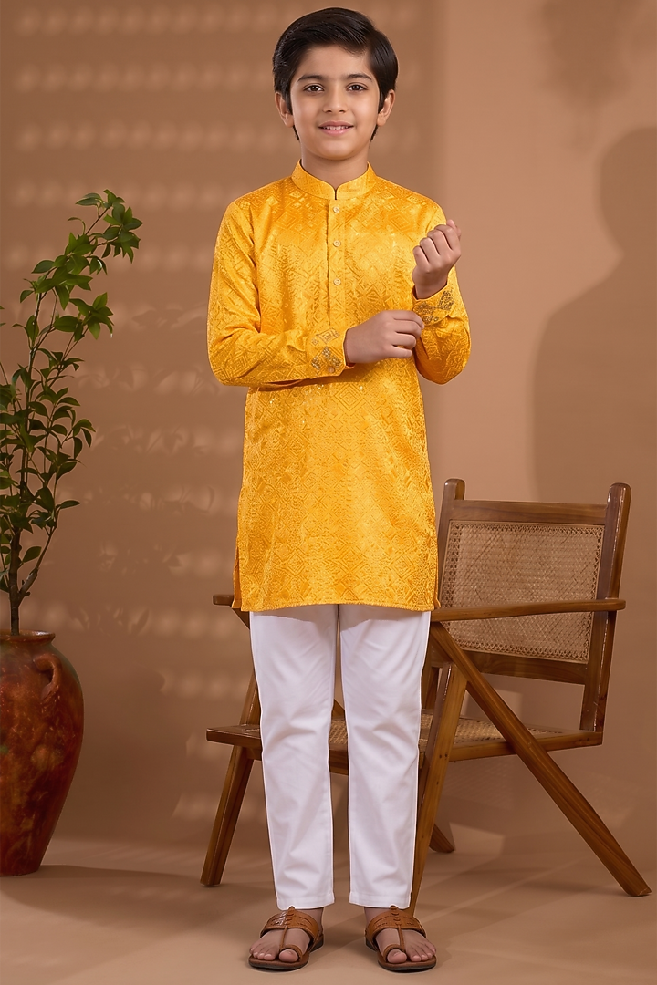 Mustard Yellow Blended Silk Embroidered Kurta Set For Boys by Spring Break- Kids at Pernia's Pop Up Shop