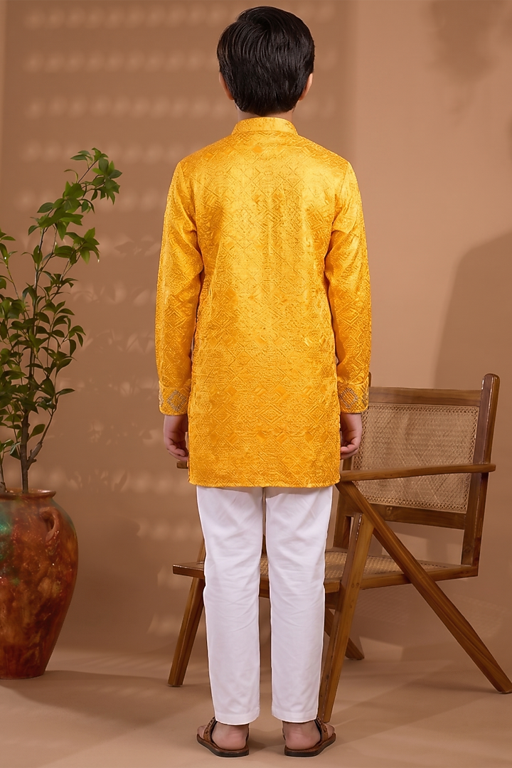 Mustard Yellow Blended Silk Embroidered Kurta Set For Boys by Spring Break- Kids at Pernia's Pop Up Shop
