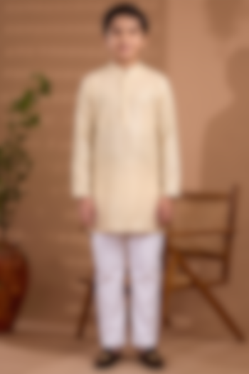Ivory Blended Silk Sequins Embroidered Kurta Set For Boys by Spring Break- Kids at Pernia's Pop Up Shop