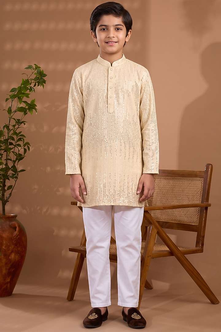 Ivory Blended Silk Sequins Embroidered Kurta Set For Boys by Spring Break- Kids at Pernia's Pop Up Shop