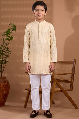 Ivory Blended Silk Sequins Embroidered Kurta Set For Boys by Spring Break- Kids