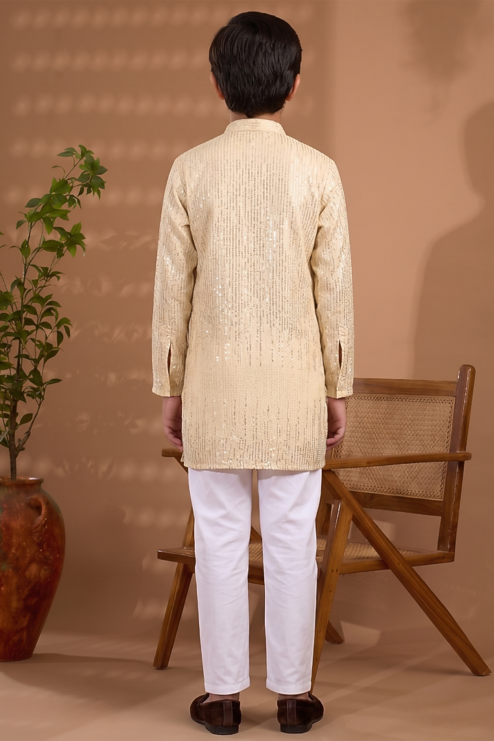 Ivory Blended Silk Sequins Embroidered Kurta Set For Boys by Spring Break- Kids at Pernia's Pop Up Shop