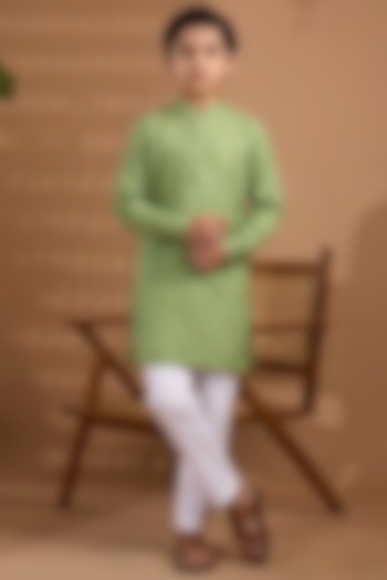 Green Blended Silk Embroidered Kurta Set For Boys by Spring Break- Kids at Pernia's Pop Up Shop