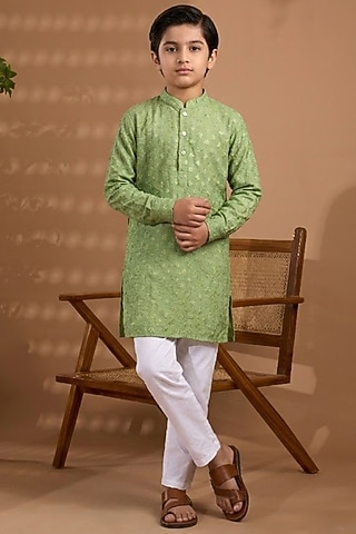 Green Blended Silk Embroidered Kurta Set For Boys by Spring Break- Kids