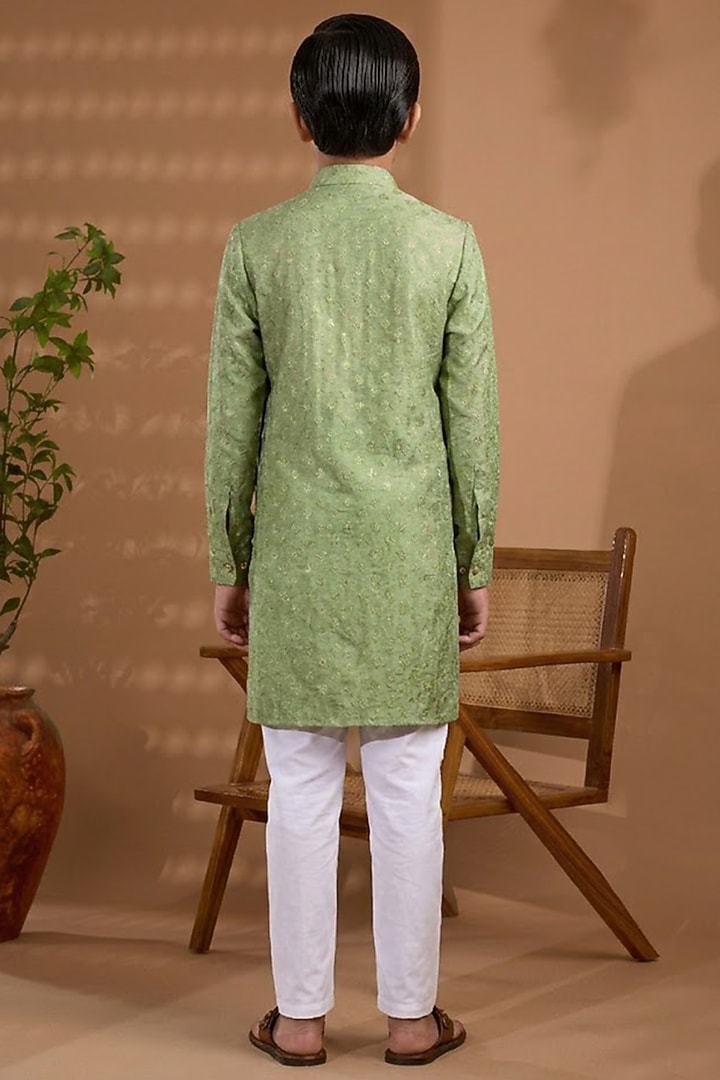 Green Blended Silk Embroidered Kurta Set For Boys by Spring Break- Kids at Pernia's Pop Up Shop