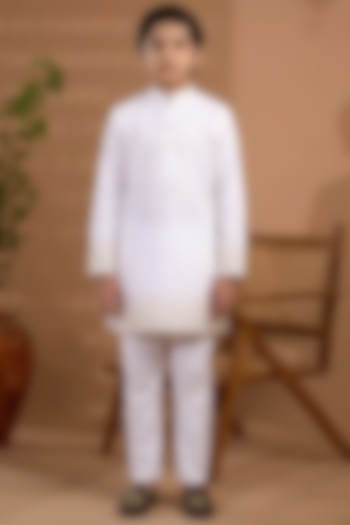 White Cotton Satin Embroidered Kurta Set For Boys by Spring Break- Kids at Pernia's Pop Up Shop