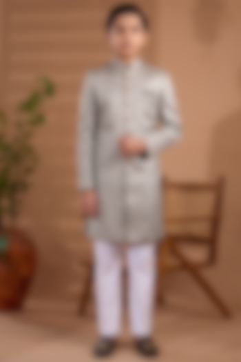 Light Grey Blended Silk Embroidered Sherwani Set For Boys by Spring Break- Kids at Pernia's Pop Up Shop