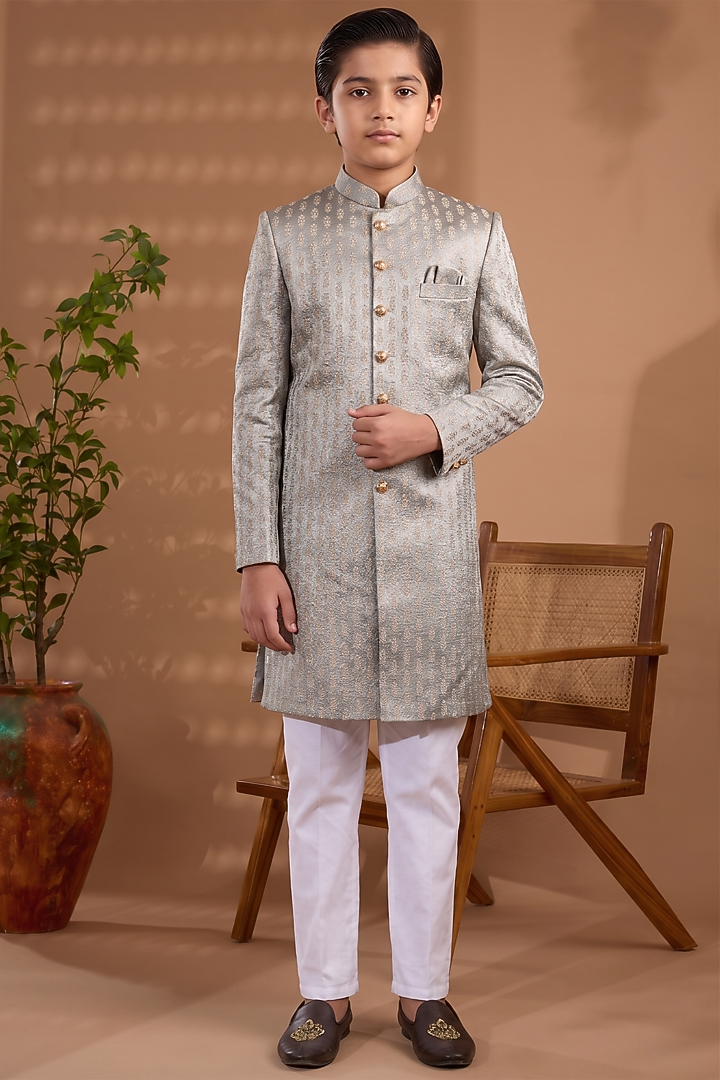Light Grey Blended Silk Embroidered Sherwani Set For Boys by Spring Break- Kids at Pernia's Pop Up Shop