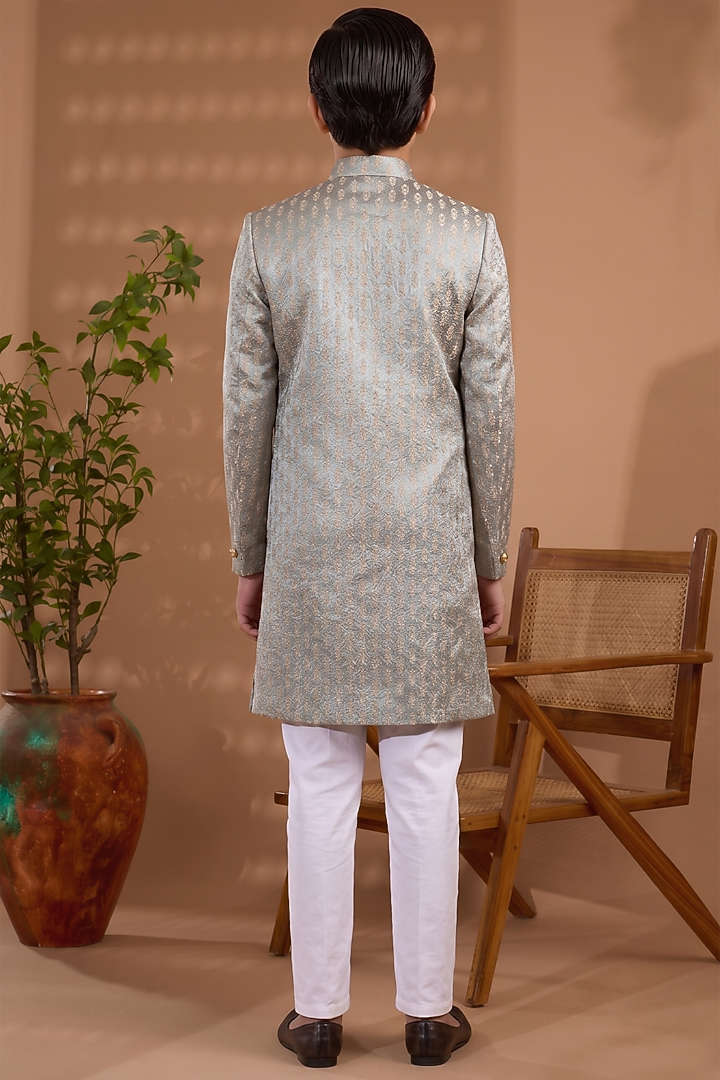 Light Grey Blended Silk Embroidered Sherwani Set For Boys by Spring Break- Kids at Pernia's Pop Up Shop