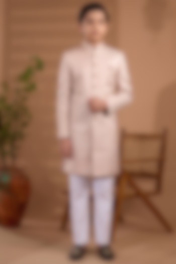 Light Pink Blended Silk Embroidered Sherwani Set For Boys by Spring Break- Kids at Pernia's Pop Up Shop