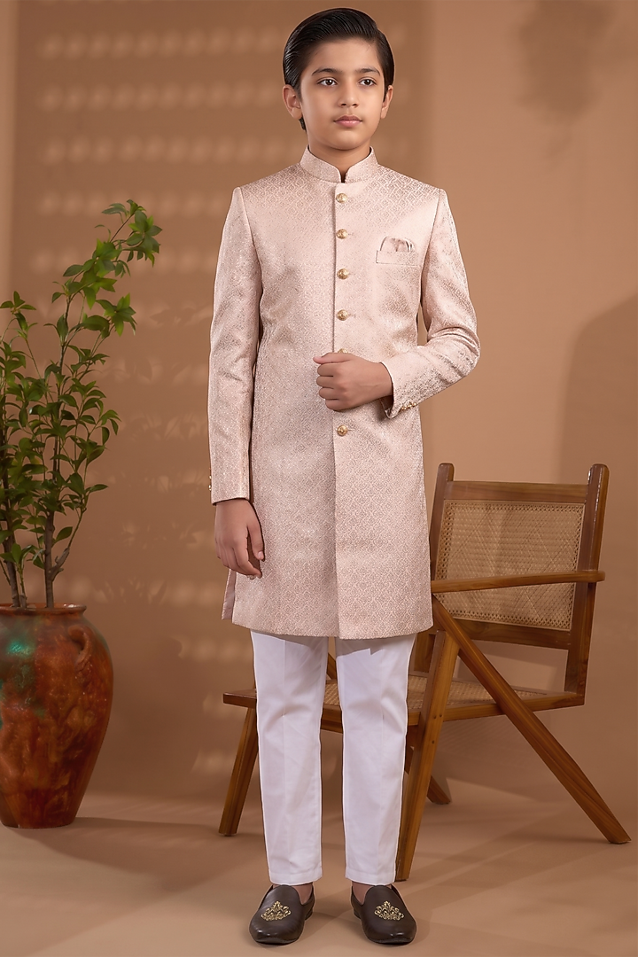 Light Pink Blended Silk Embroidered Sherwani Set For Boys by Spring Break- Kids at Pernia's Pop Up Shop