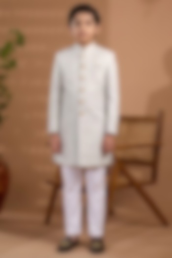 White Blended Silk Embroidered Sherwani Set For Boys by Spring Break- Kids at Pernia's Pop Up Shop
