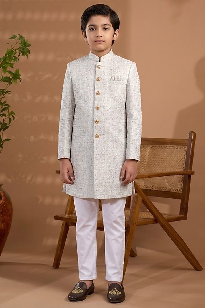 White Blended Silk Embroidered Sherwani Set For Boys by Spring Break- Kids at Pernia's Pop Up Shop