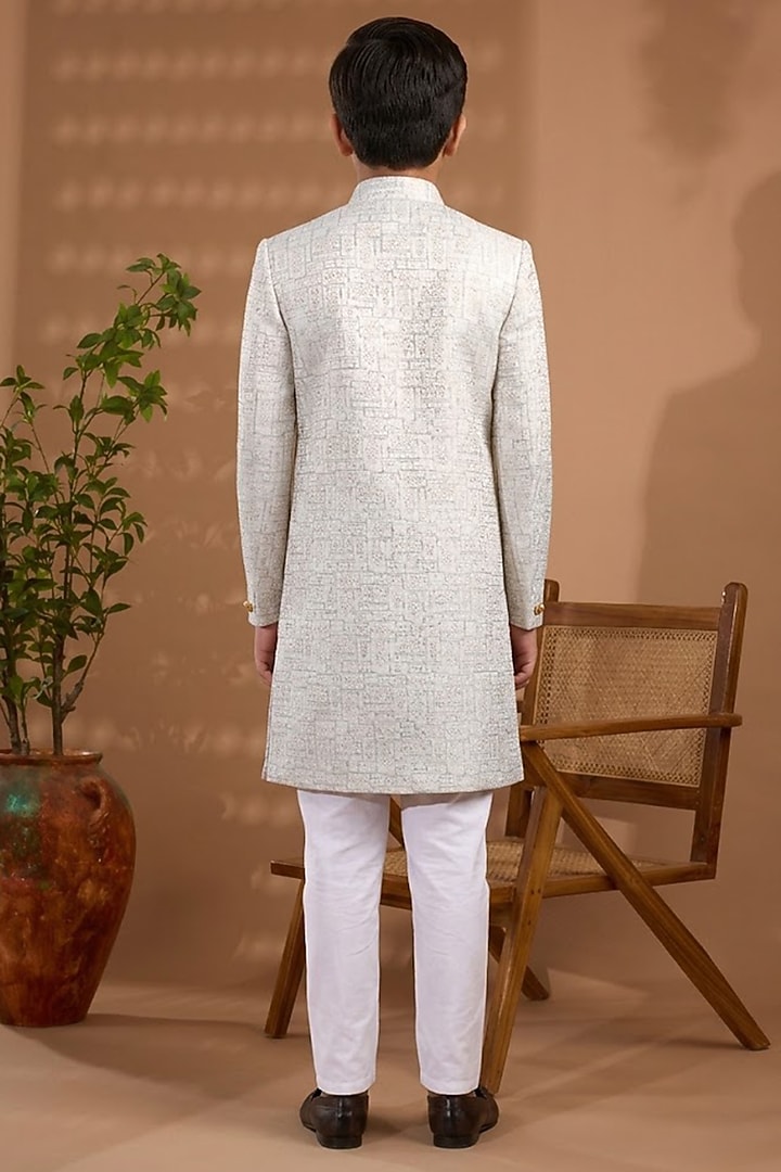White Blended Silk Embroidered Sherwani Set For Boys by Spring Break- Kids at Pernia's Pop Up Shop