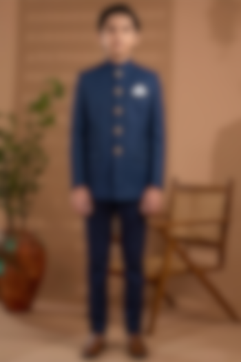 Navy Blue Blended Silk Embroidered Bandhgala Jacket For Boys by Spring Break- Kids at Pernia's Pop Up Shop