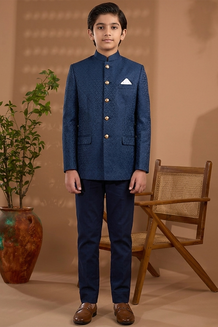 Navy Blue Blended Silk Embroidered Bandhgala Jacket For Boys by Spring Break- Kids at Pernia's Pop Up Shop