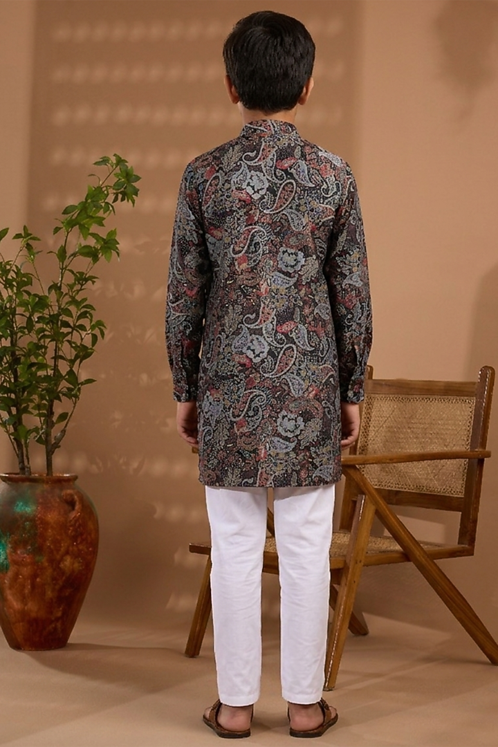 Black Blended Silk Paisley Printed Kurta For Boys by Spring Break- Kids at Pernia's Pop Up Shop