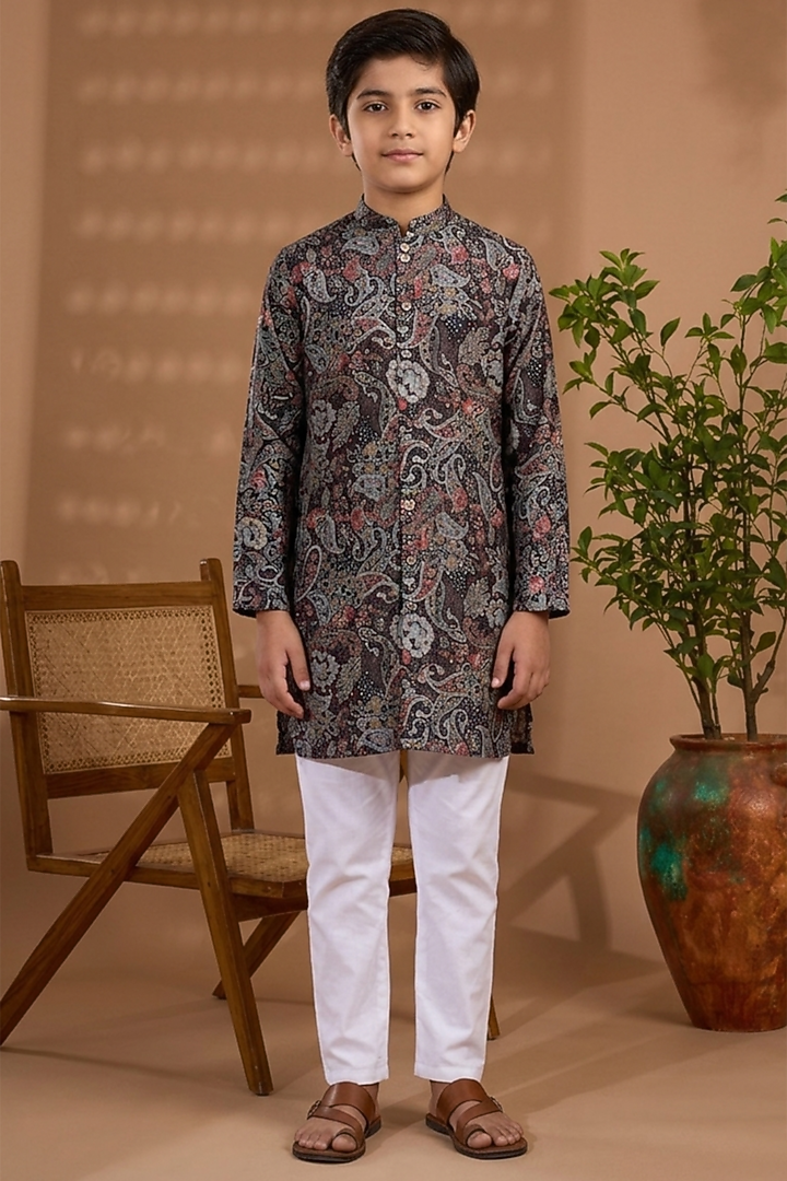 Black Blended Silk Paisley Printed Kurta For Boys by Spring Break- Kids at Pernia's Pop Up Shop